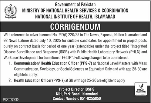 Ministry of National Health Services & Coordination National Institute of Health Islamabad Tender Notice